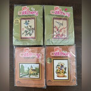 Vintage Jiffy Stitchery Embroidery Kit Lot Of 4 Church Bird Flower